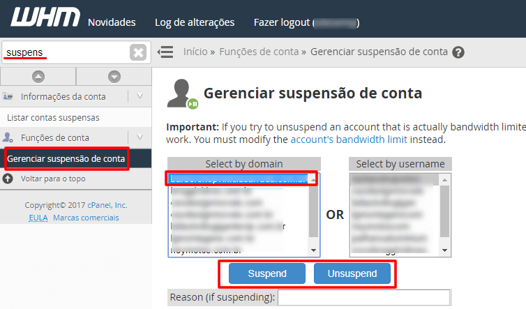 WHM - Gerenciar suspensão de conta