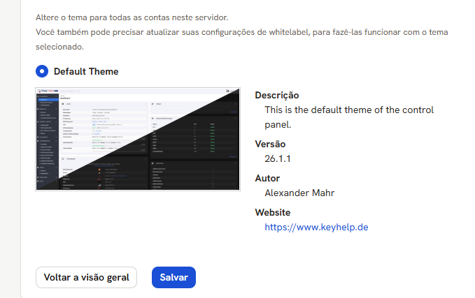 Tela Tema, com o único tema disponível, Default Theme, a descrição, a versão e o autor