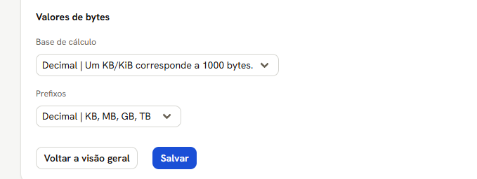 Tela Unidades e Formatos, com Base de cálculo e Prefixos, cada um com as opções Binário e Decimal