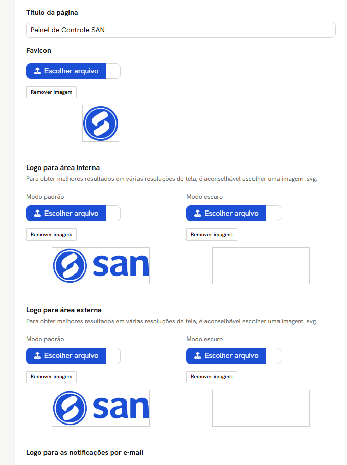 Título da página, favicon e os logos das áreas interna e externa, cada um com versão para o modo padrão e para o modo escuro, e o logo dos e-mails