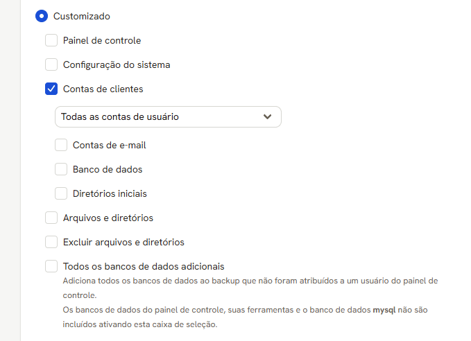 Opção Customizado aberta: Painel de controle, Configuração do sistema, Contas de clientes com a lista de contas e os três itens, Arquivos e diretórios, Excluir arquivos e diretórios e Todos os bancos de dados adicionais