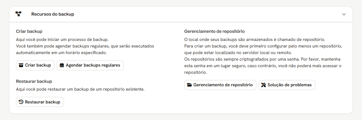 Cartão Recursos do backup: Criar backup, Agendar backups regulares, Restaurar backup, Gerenciamento de repositório e Solução de problemas