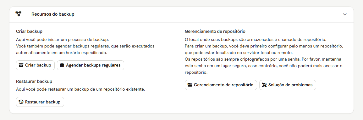 Cartão Recursos do backup: Criar backup, Agendar backups regulares, Restaurar backup, Gerenciamento de repositório e Solução de problemas