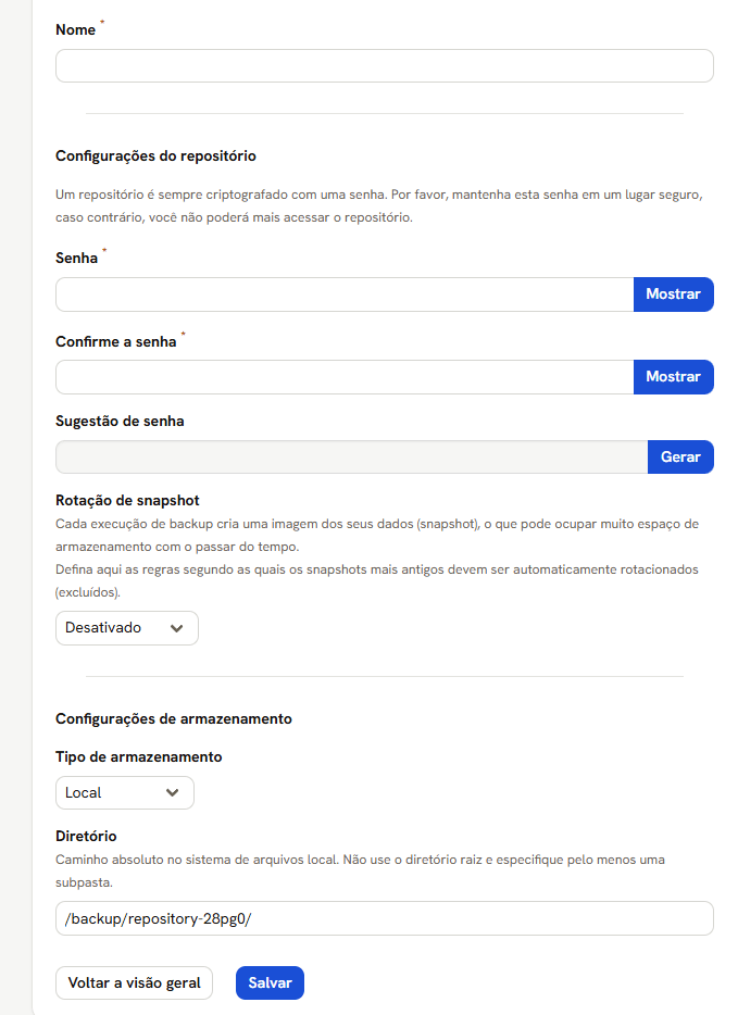 Formulário Adicionar repositório: Nome, Senha, Confirme a senha, Sugestão de senha com o botão Gerar, Rotação de snapshot, Tipo de armazenamento Local e Diretório