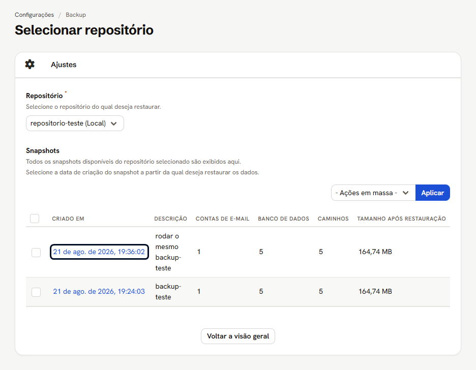 Tela de restauração: o Repositório escolhido e a lista Snapshots, com a data do primeiro snapshot marcada