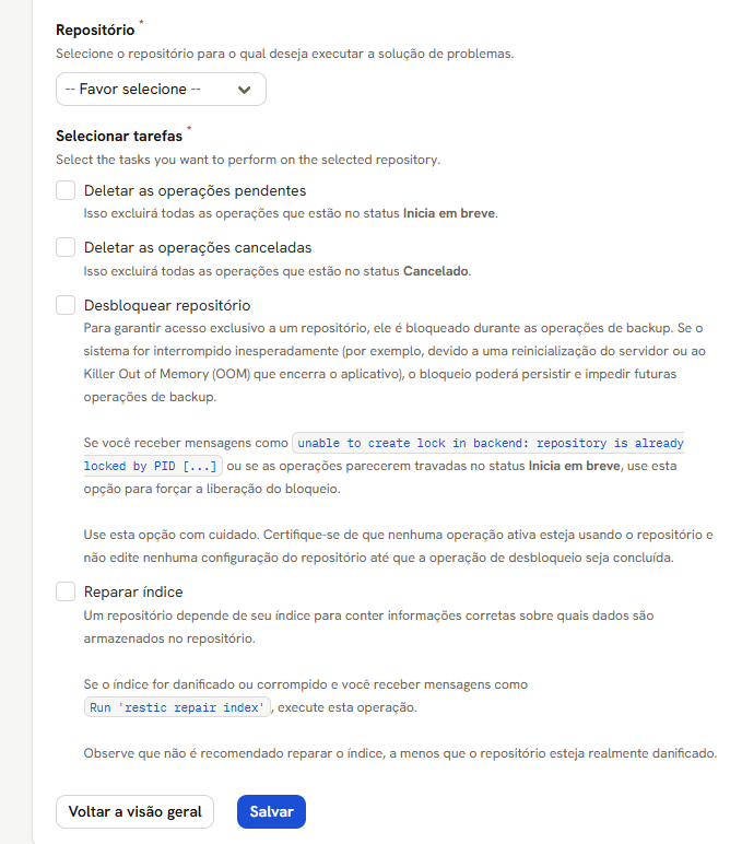Tela Solução de problemas: o Repositório e as quatro tarefas, com a explicação de cada uma