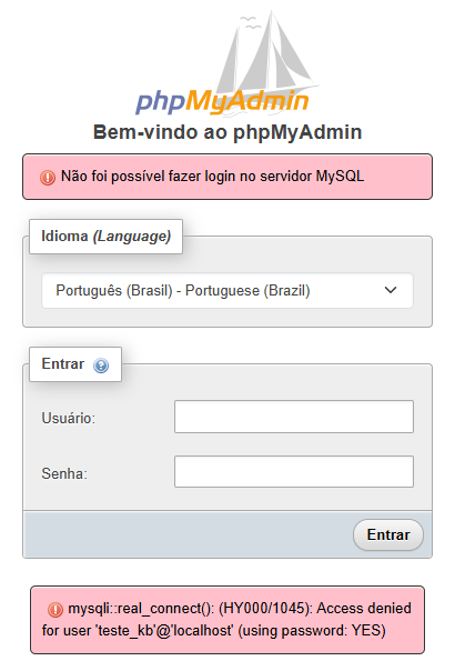 Tela de entrada do phpMyAdmin depois de uma senha errada: o aviso Não foi possível fazer login no servidor MySQL em cima, e a mensagem técnica embaixo