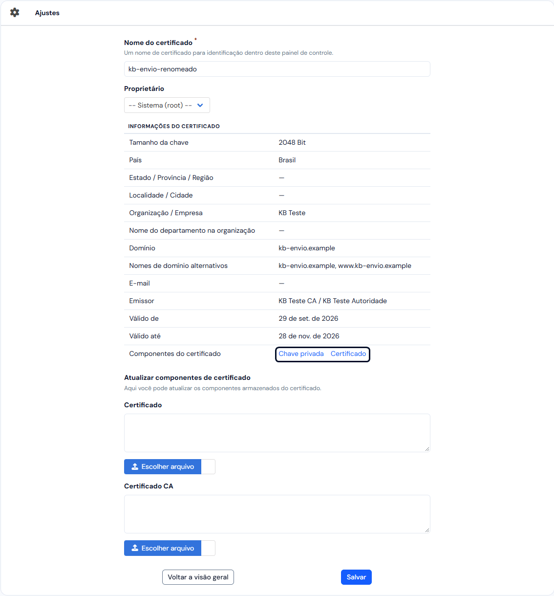 Tela de editar certificado: nome, proprietário, informações do certificado, os componentes Chave privada e Certificado marcados, e os campos para atualizar o certificado e o certificado CA