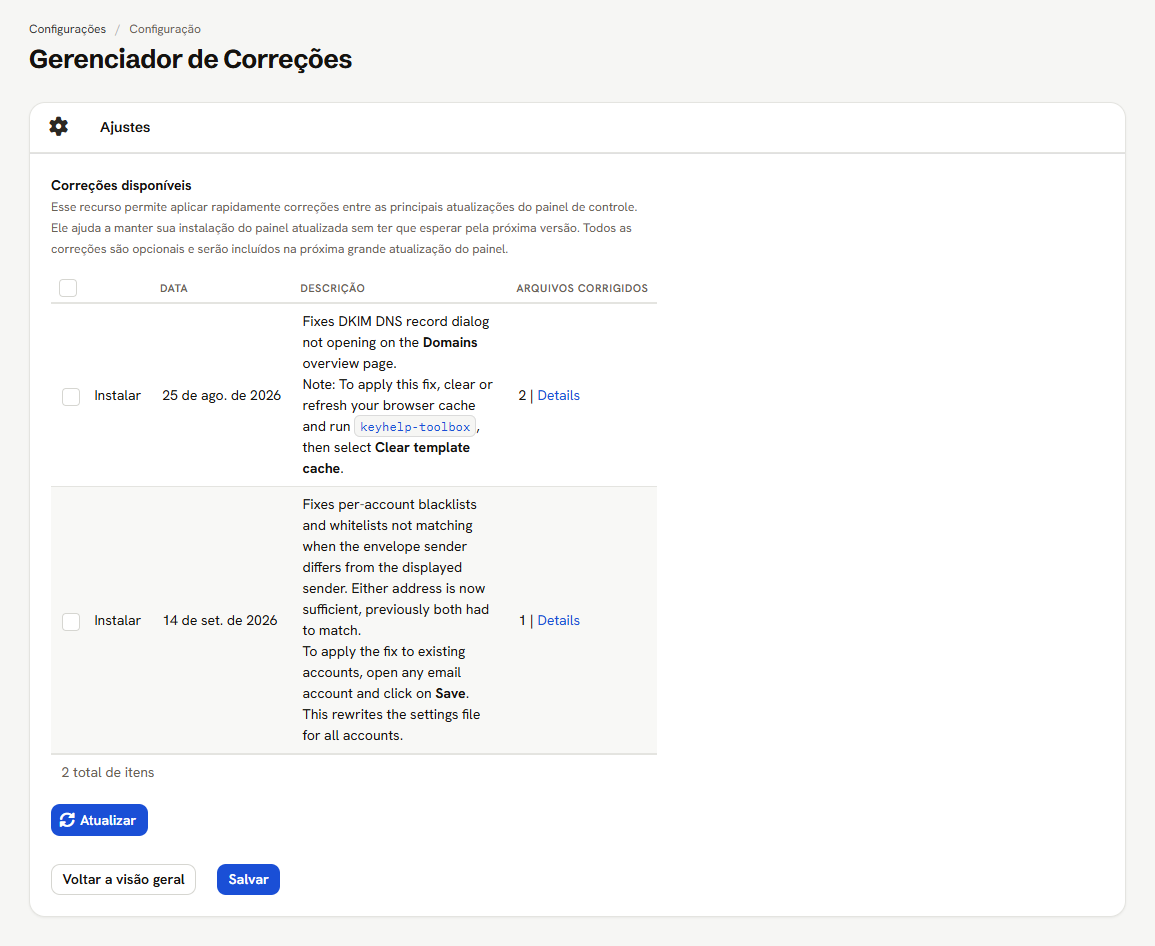 Lista de correções disponíveis, com data, descrição, quantidade de arquivos e o botão Atualizar