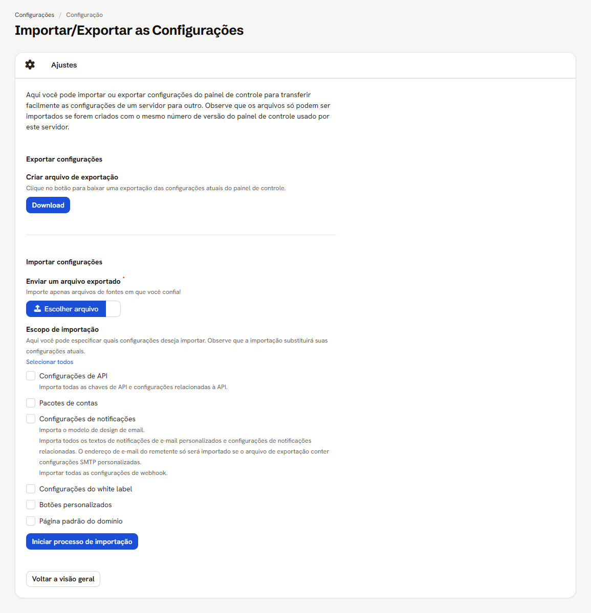 Tela de importação e exportação, com o botão Download e as seis caixas de escopo de importação