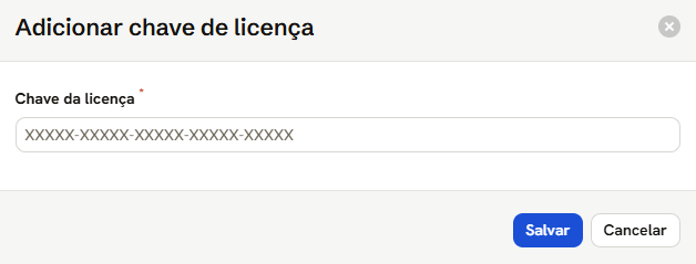 Modal de chave de licença, com o campo e o formato esperado
