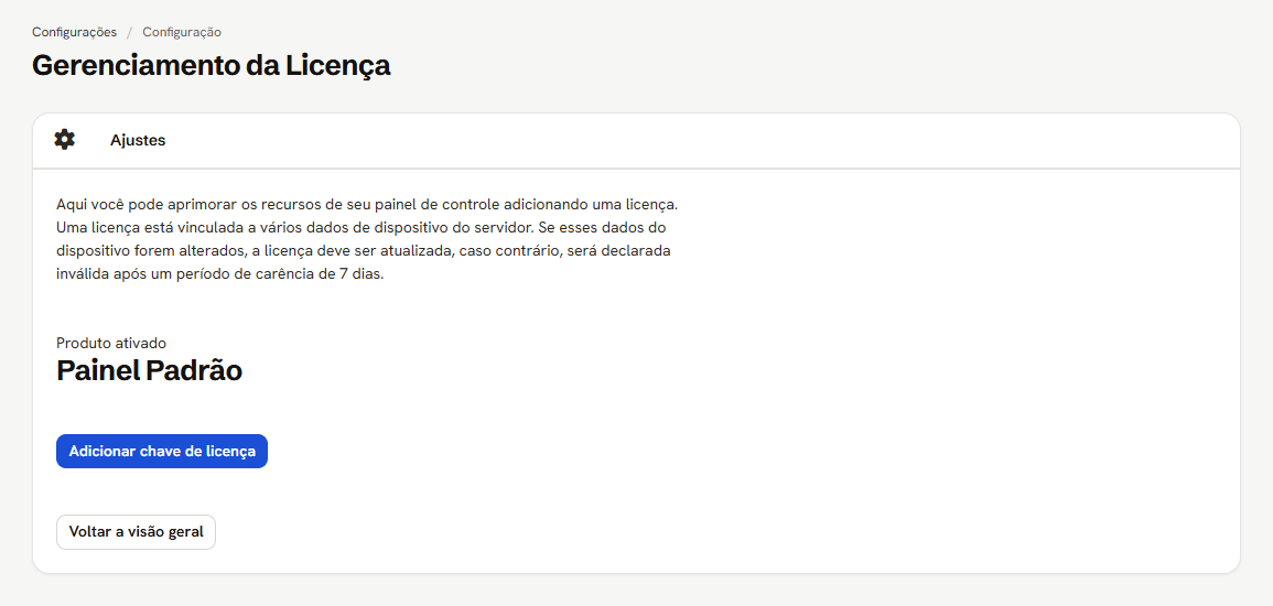 Tela de licença, com Produto ativado e o botão Adicionar chave de licença