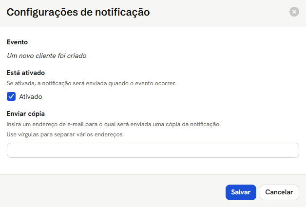Janela de configuração de um evento, com a chave Está ativado e o campo Enviar cópia