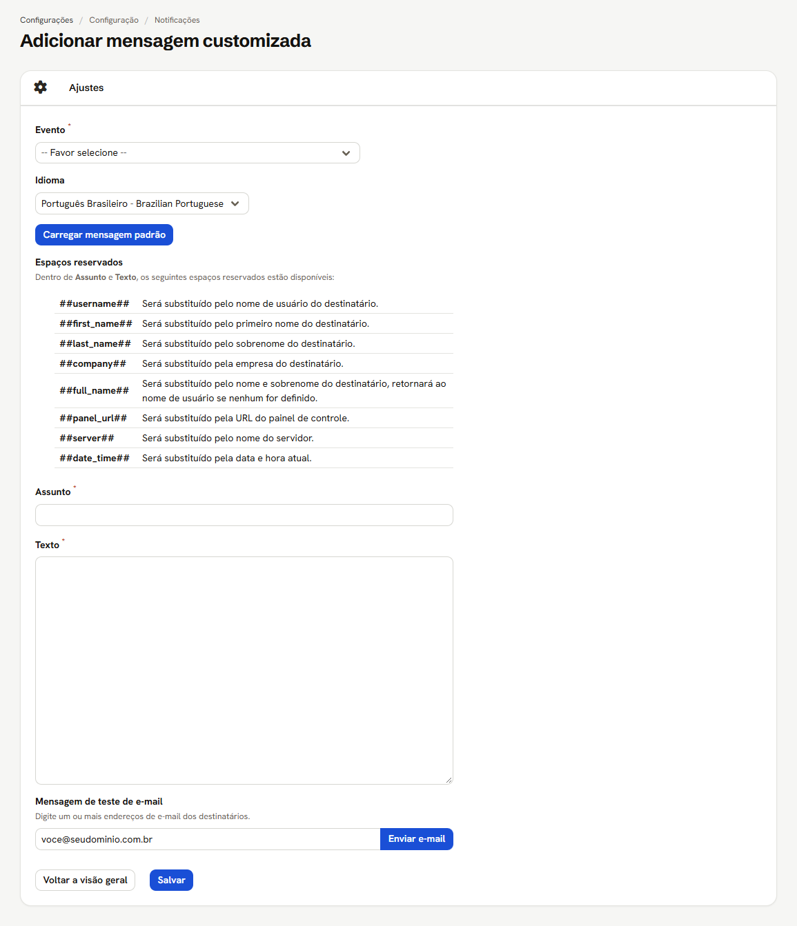 Formulário de mensagem personalizada, com evento, idioma, os espaços reservados, assunto, texto e o envio de teste