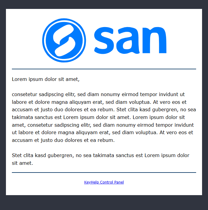 Prévia do design de fábrica: fundo escuro, o logo no alto, o texto do aviso entre duas linhas e o link KeyHelp Control Panel no rodapé