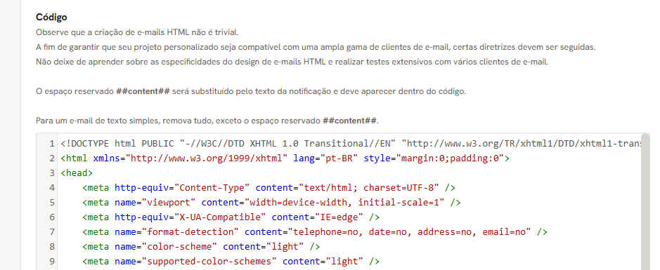Tela Modelos de Design de E-mail: o aviso sobre e-mails HTML, o espaço reservado content e o começo de um design gravado no editor
