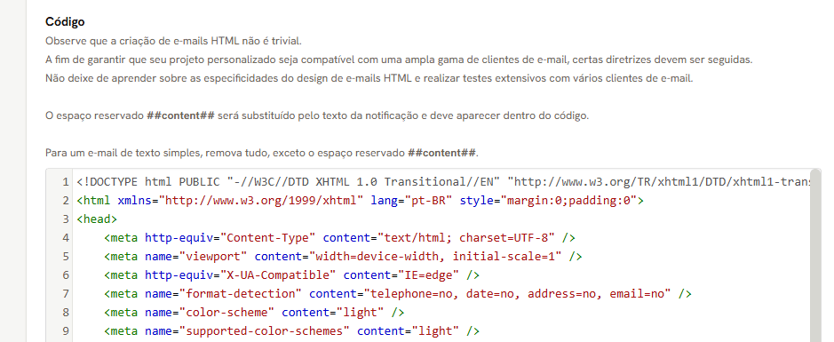 Tela Modelos de Design de E-mail: o aviso sobre e-mails HTML, o espaço reservado content e o começo de um design gravado no editor