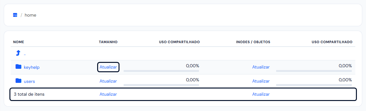 Pasta home aberta, com o Atualizar de uma linha e a linha do total marcados