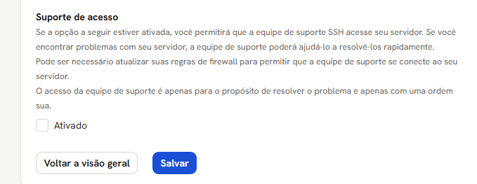 Tela Acesso ao Suporte: o texto de explicação e a caixa Ativado desmarcada