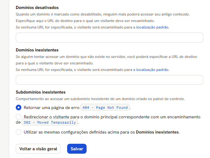 Tela Comportamento de Domínios Indisponíveis: os campos Domínios desativados e Domínios inexistentes vazios, e as três opções de Subdomínios inexistentes, com a de erro 404 marcada