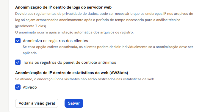 Tela Política de Dados: as três caixas marcadas, duas de registros do servidor web e uma do AWStats