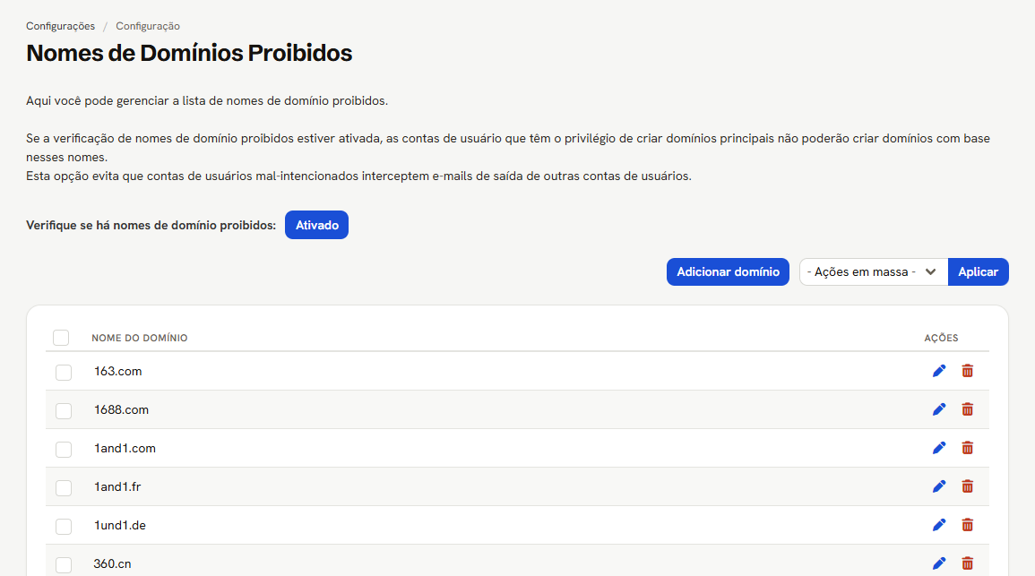 Tela Nomes de Domínios Proibidos: a explicação, o botão Ativado da verificação, Adicionar domínio, as ações em massa e o começo da lista