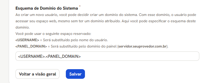 Tela Modelo de Domínio do Sistema: a explicação dos espaços reservados e o campo com o esquema de fábrica