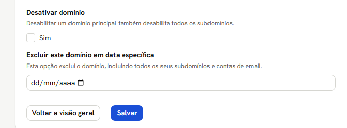 Aba Configurações avançadas com Desativar domínio e Excluir este domínio em data específica