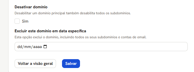 Aba Configurações avançadas com Desativar domínio e Excluir este domínio em data específica