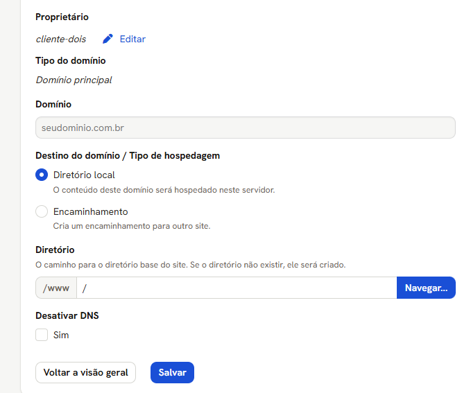 Aba Geral de um domínio existente: Proprietário com o lápis, Tipo do domínio, Domínio travado, destino, diretório e Desativar DNS