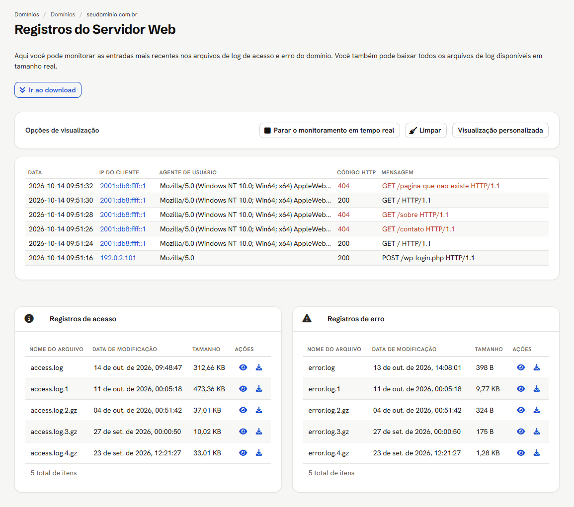 Registros do Servidor Web em tempo real, com os acessos mais recentes, e as tabelas de download dos arquivos de acesso e de erro