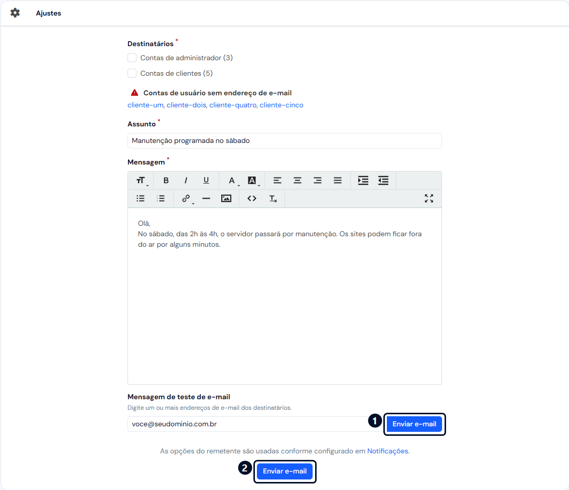 Tela E-mail Para Todos Usuários: destinatários, contas sem e-mail, assunto, mensagem com editor, mensagem de teste e os dois botões Enviar e-mail marcados