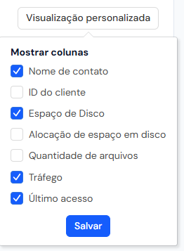 Menu Visualização personalizada, com as colunas que podem ser mostradas