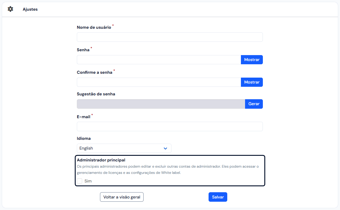 Formulário de novo administrador: nome de usuário, senha, e-mail, idioma e administrador principal