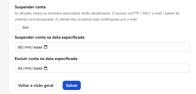 Aba Configurações avançadas: suspender a conta e as datas de suspensão e de exclusão