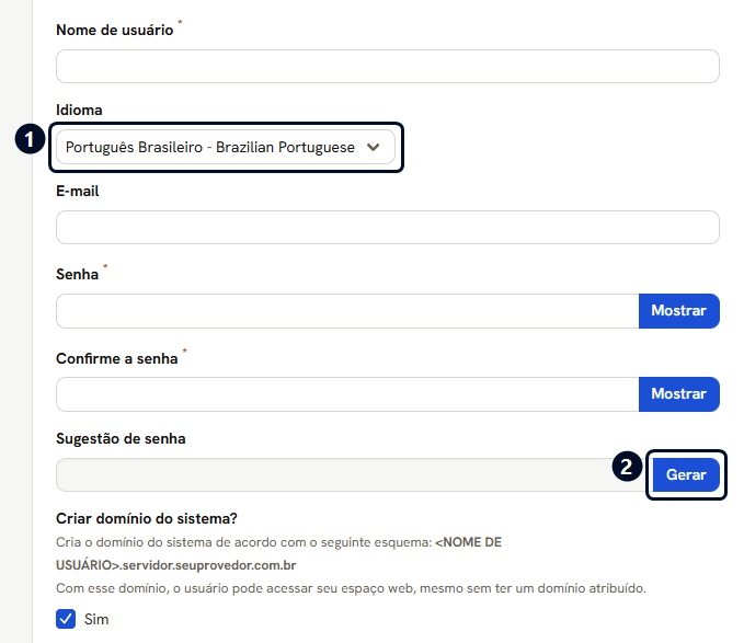 Aba Geral da nova conta de cliente: nome de usuário, idioma, e-mail, senha e domínio do sistema