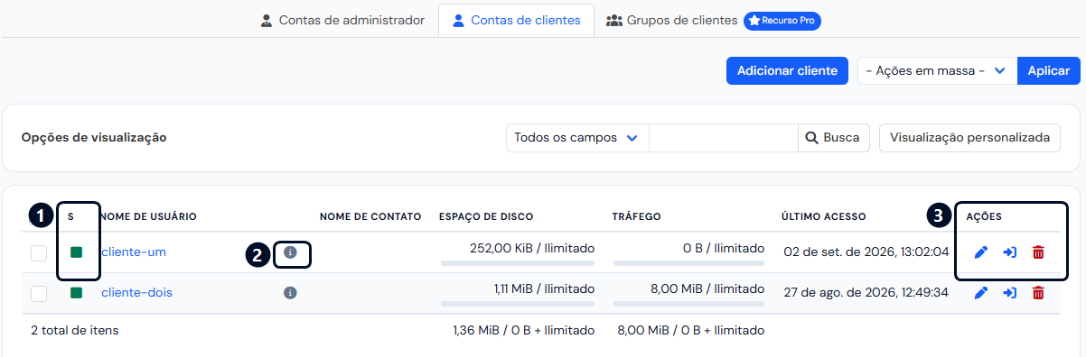 Lista de contas de clientes, com a coluna S, o ícone de informação e as ações