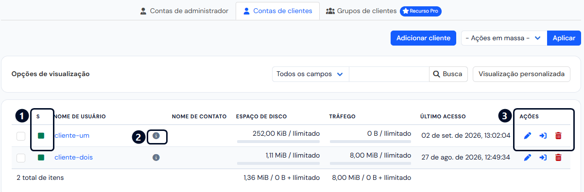 Lista de contas de clientes, com a coluna S, o ícone de informação e as ações