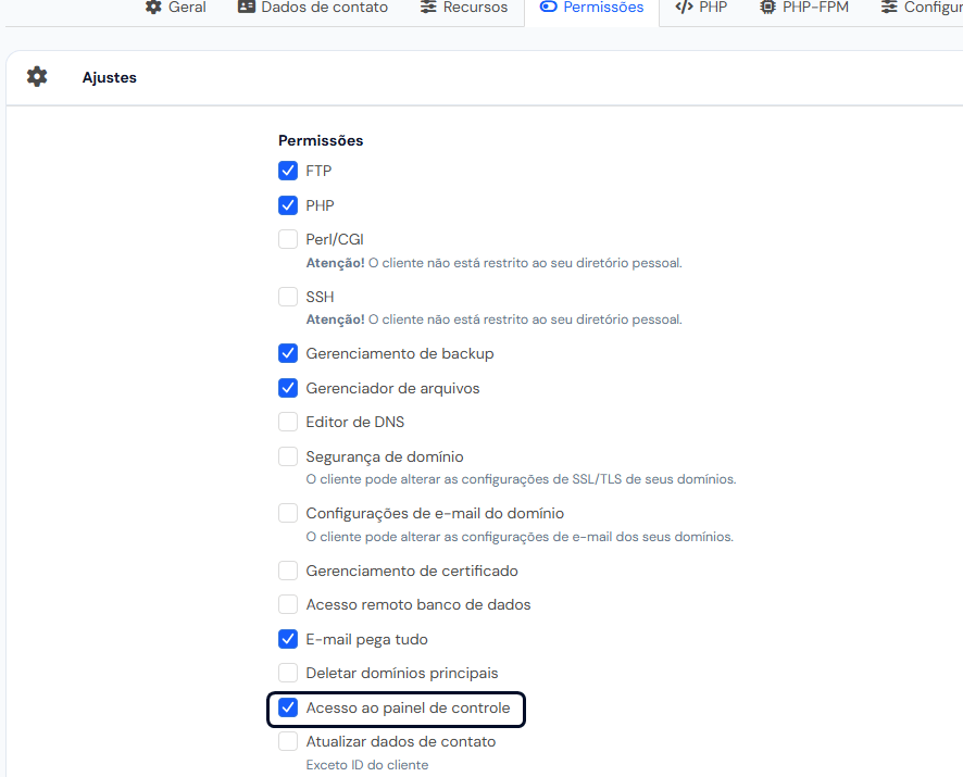 Aba Permissões da conta, com a lista de permissões