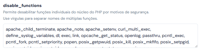 Campo disable_functions com a lista de funções desabilitadas