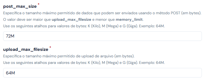 Campos post_max_size e upload_max_filesize