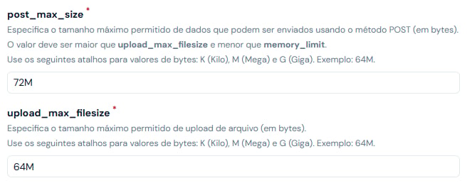 Campos post_max_size e upload_max_filesize