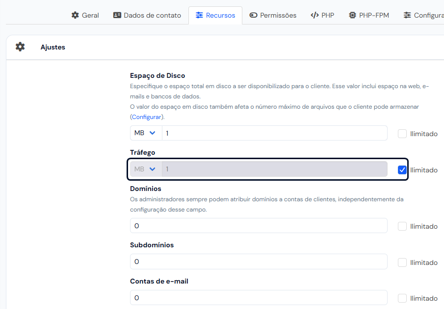 Aba Recursos da conta, com espaço em disco, tráfego, domínios e os outros limites