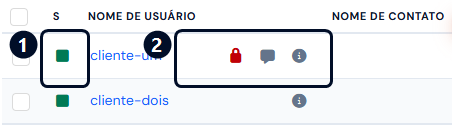 Sinais ao lado do nome do cliente: cadeado, comentário e informação