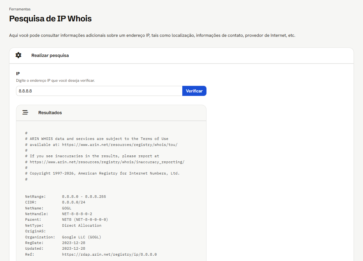 Pesquisa de IP Whois: o campo IP com 8.8.8.8, o botão Verificar e o começo dos Resultados