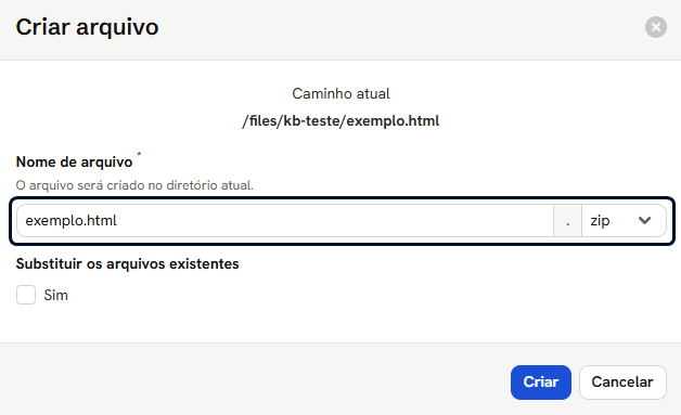 Janela Criar arquivo, que compacta o item, com o nome e o formato zip