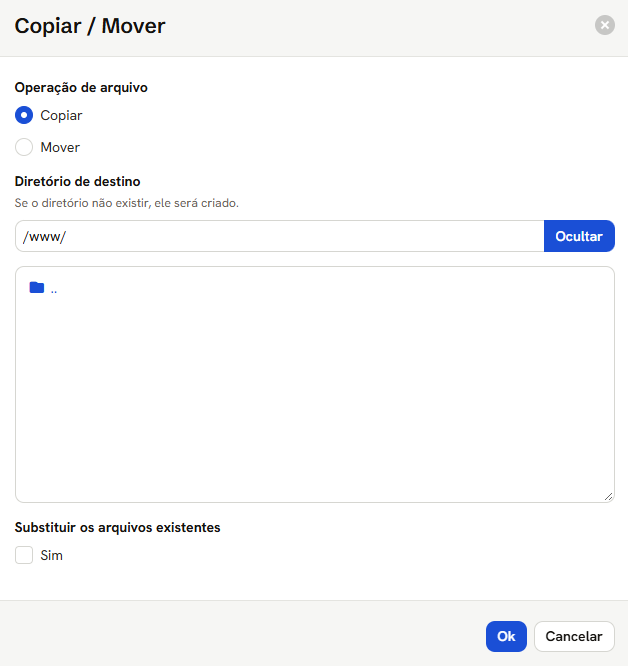 Janela Copiar / Mover, com o diretório de destino e a opção de substituir