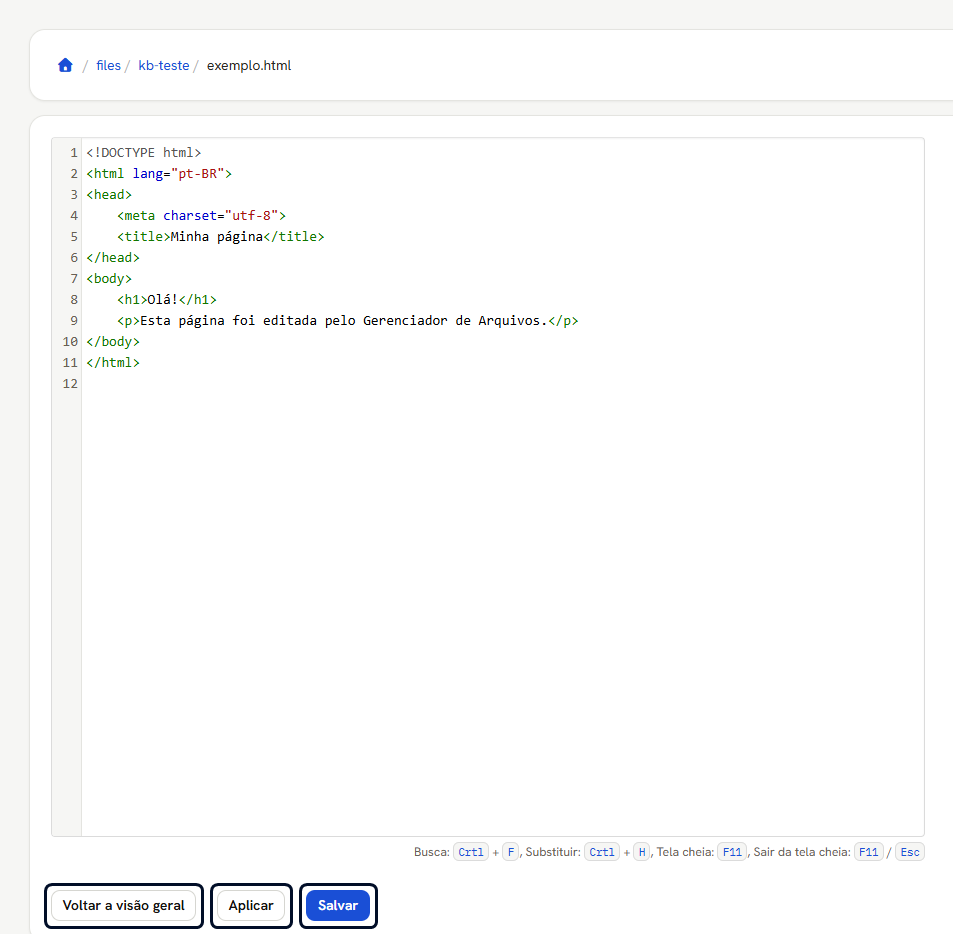 Editor de arquivo com uma página HTML aberta e os botões Aplicar e Salvar