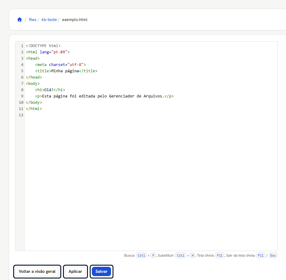 Editor de arquivo com uma página HTML aberta e os botões Aplicar e Salvar