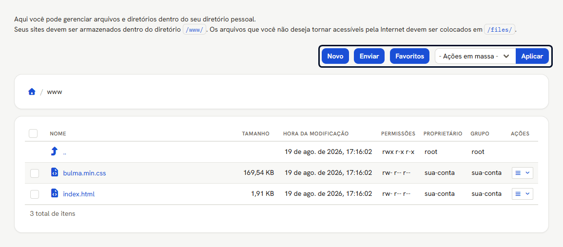 Gerenciador de Arquivos na pasta www, com a lista de arquivos, permissões e proprietário
